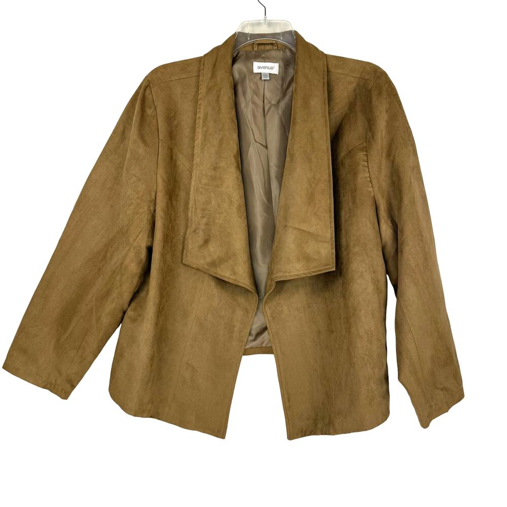 Avenue Tan Faux Suede Open Front Shawl Lapel Blazer Jacket Women 22/24